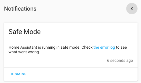 Screenshot of Home Assistant started in safe mode