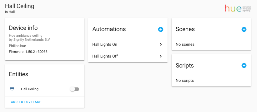 Screenshot of the device information page showing the Hue logo