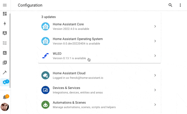 Screen recording showing a WLED firmware update can be installed with a click