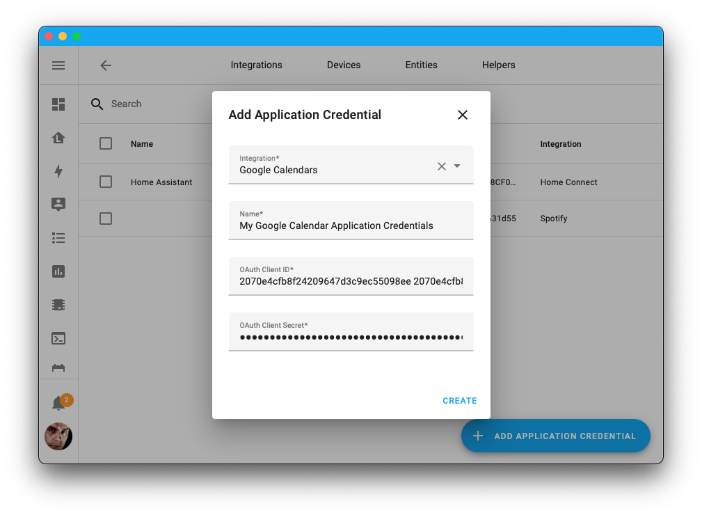 Screenshot showing adding OAuth2 application credentials can now be done via the UI