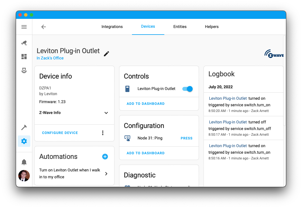 Leviton device page in Home Assistant