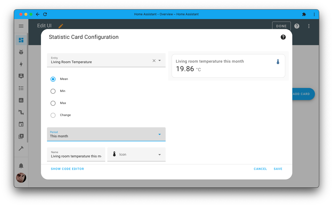 Screenshot showing the UI editor of the statistic card and all of its options