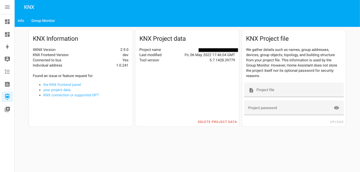 The KNX panel in Home Assistant