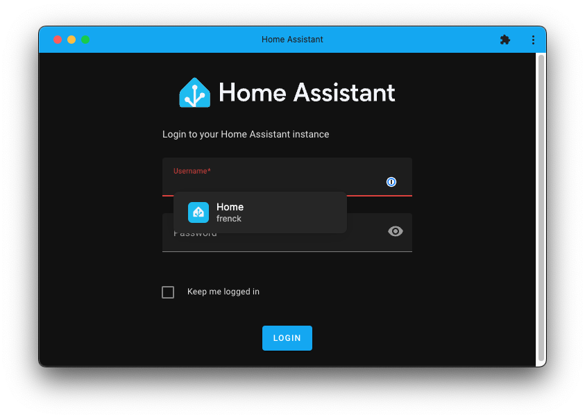 Screenshot from the Home Assistant login screen, that show the use of 1Password