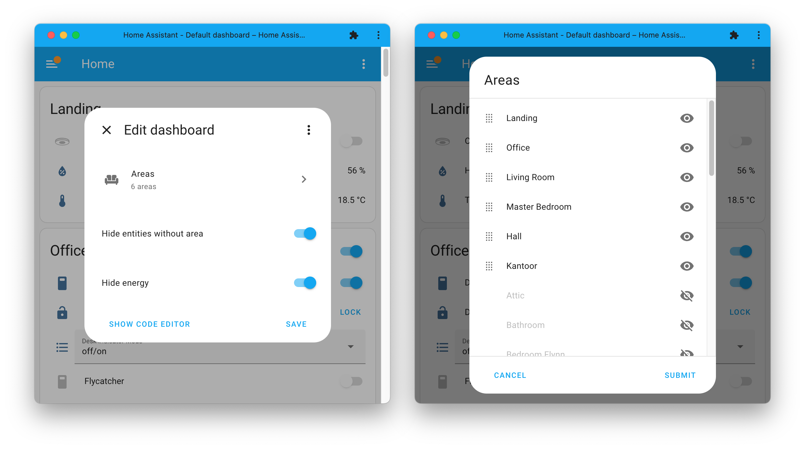 Screenshot that shows the new options available for the generated default dashboard.