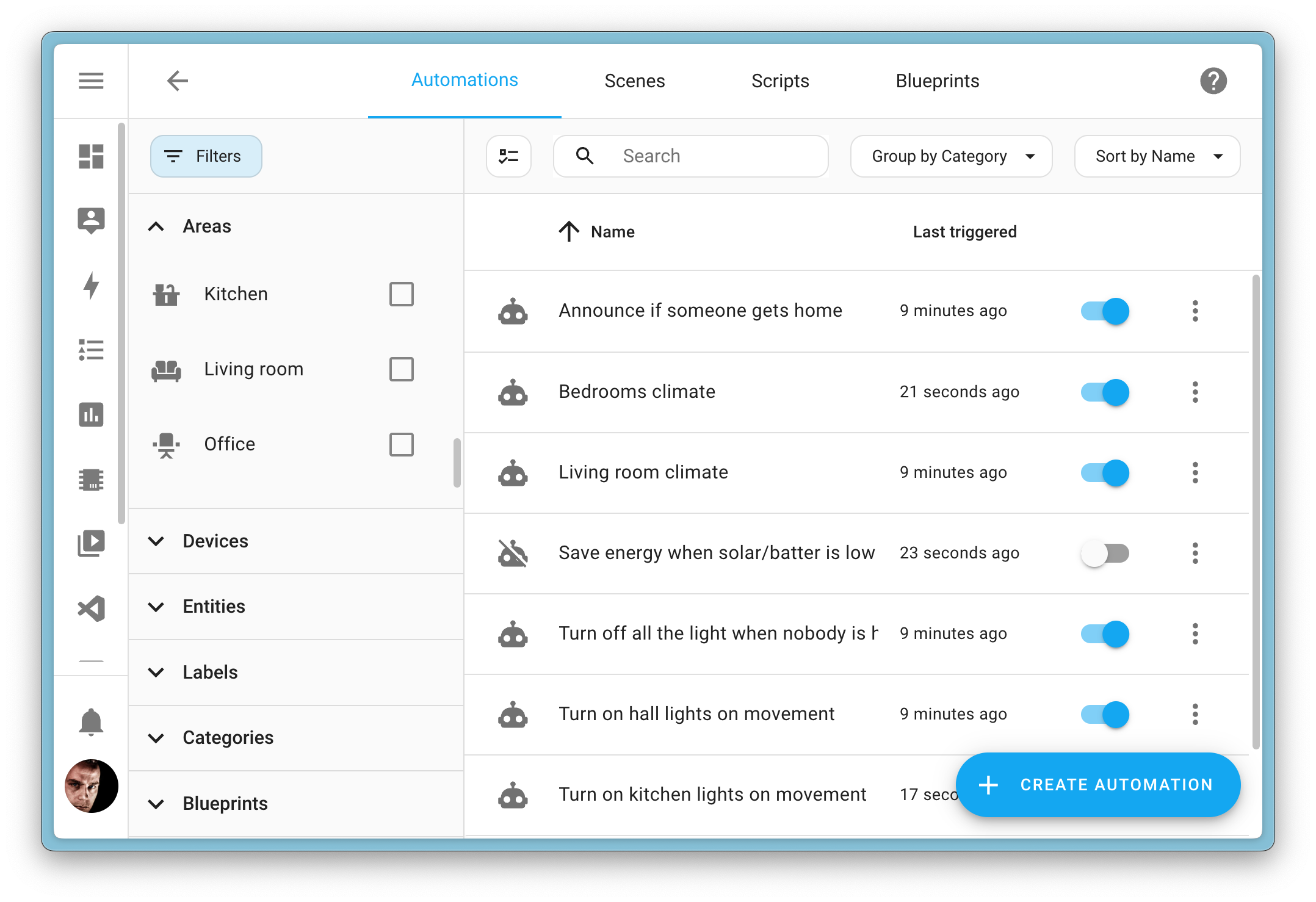 Screenshot of Automations settings with filter panel