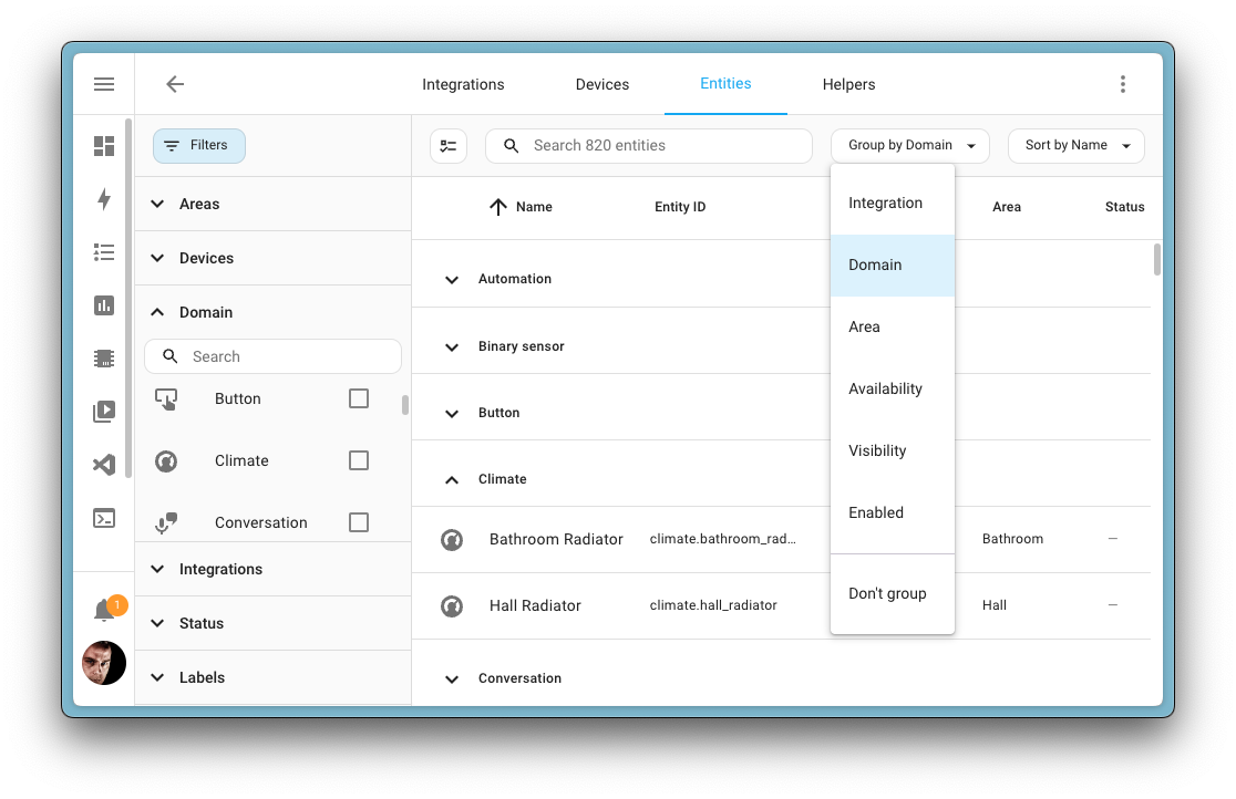 Screenshot showing the new group and filter by domain functionality on the entities page.