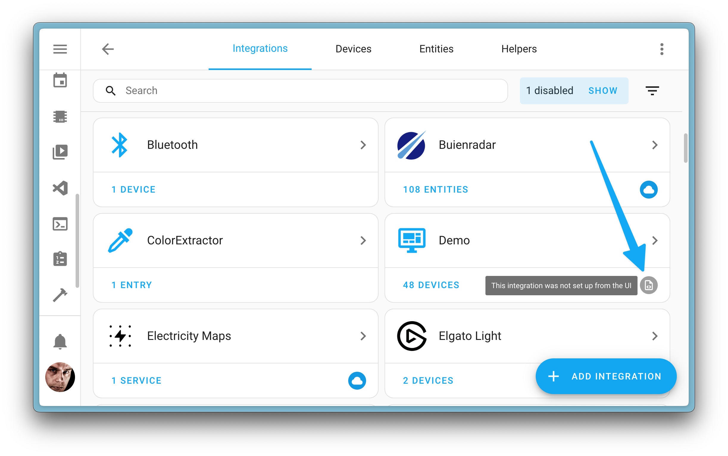 Screenshot showing the demo integration, which is set up manually via YAML, showing up in the UI on the integrations dashboard.