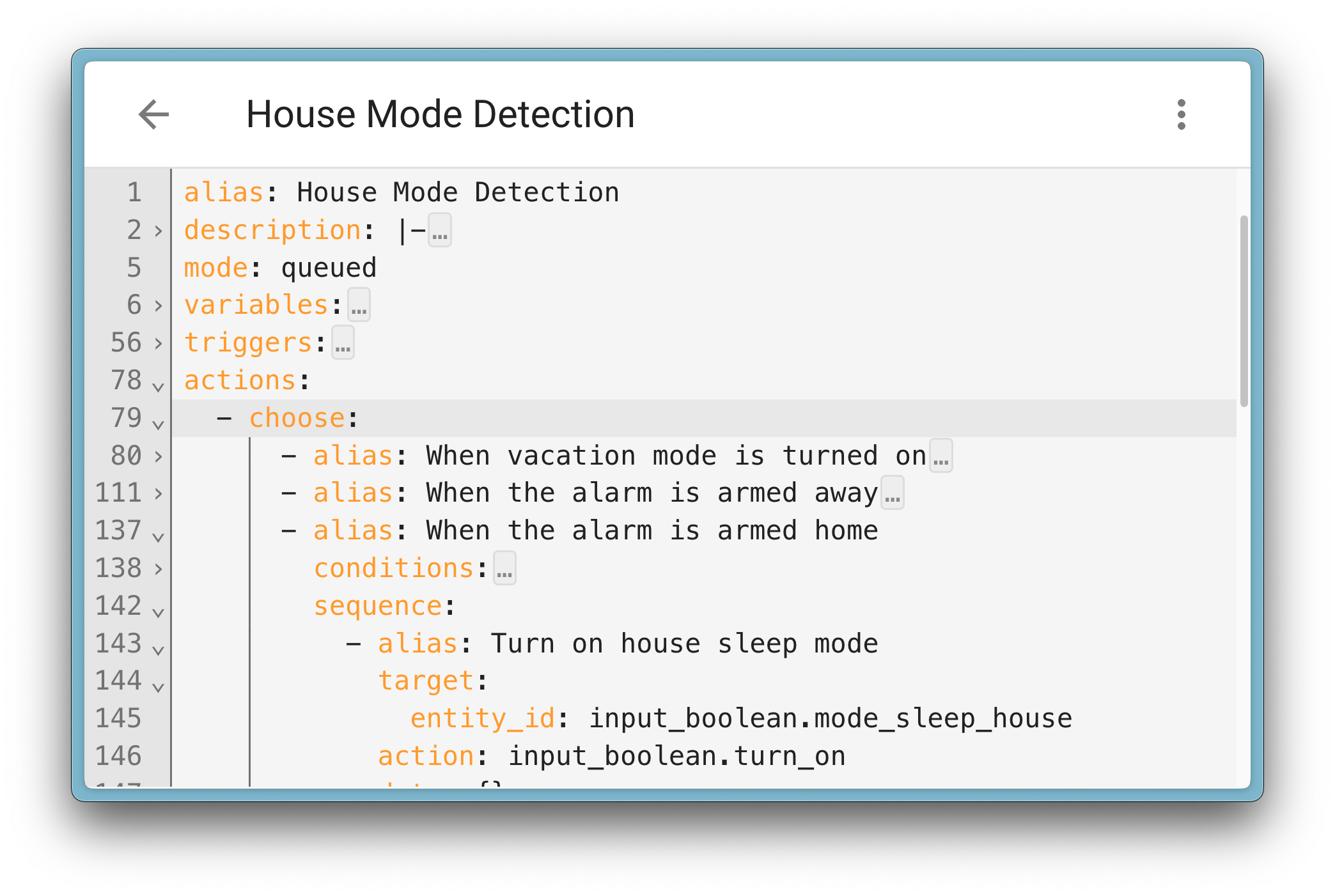 Screenshot showing the YAML editor with collapsed sections and the vertical indentation line.