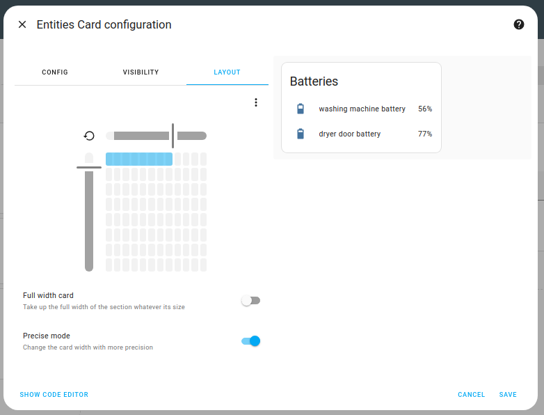 Screenshot of the Layout tab in the card dialog