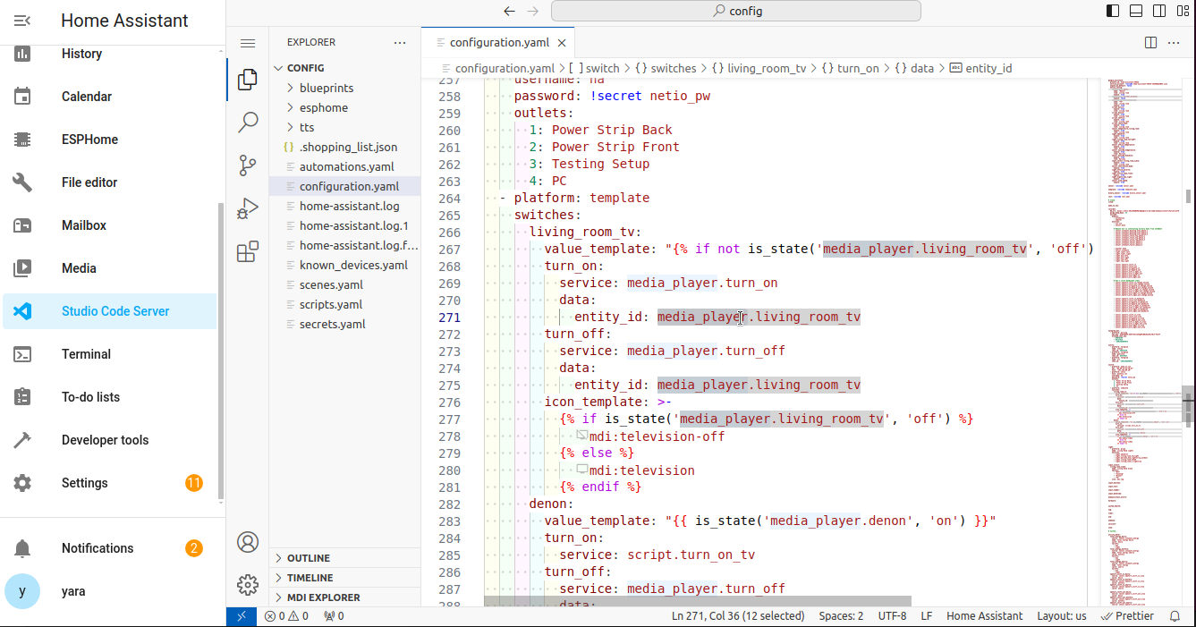 Screenshot of an example of a configuration.yaml file, accessed using the File editor add-on on a Home Assistant Operating System installation.