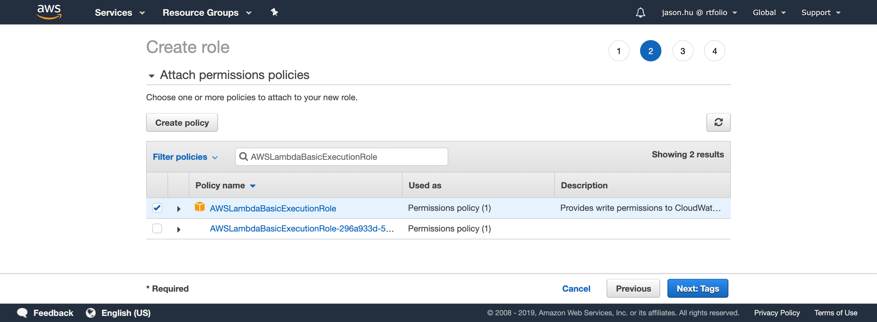 Screenshot: Attach permission policy to IAM role