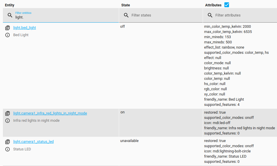 Screenshot showing three lights with different states: `on`, `off`, or `unavailable`