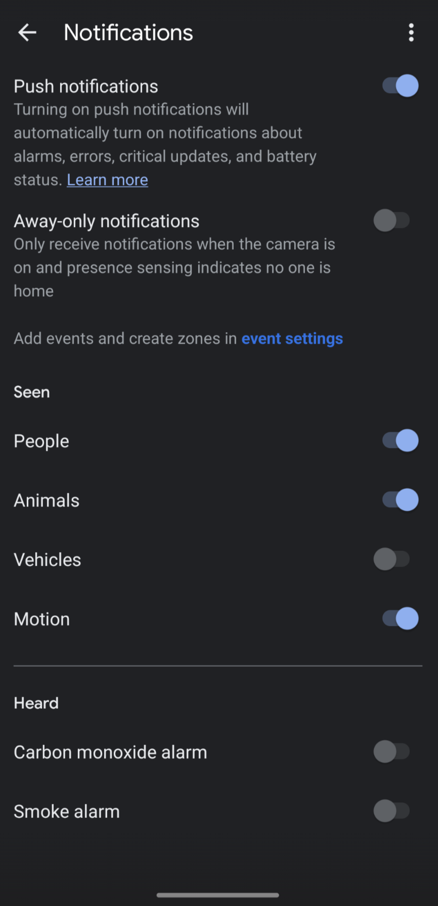 Screenshot of Google Home App Notification Settings