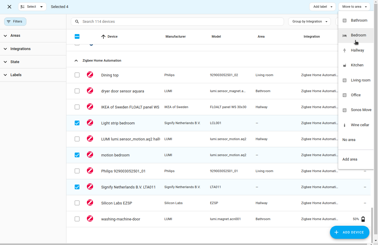 Screenshot showing how to assign multiple devices to an area