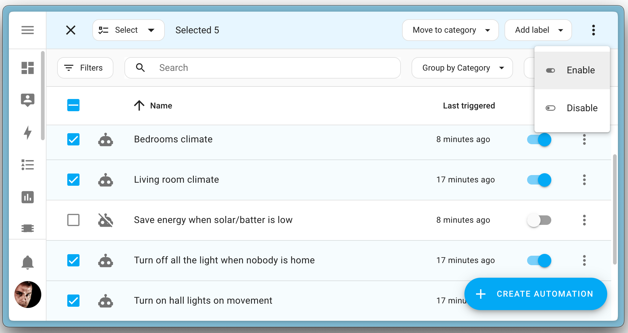 Screenshot showing how to enable or disable multiple automations