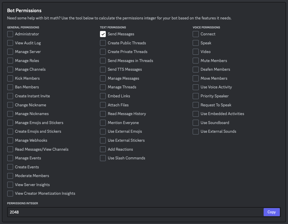 Screenshot of Discord bot permissions